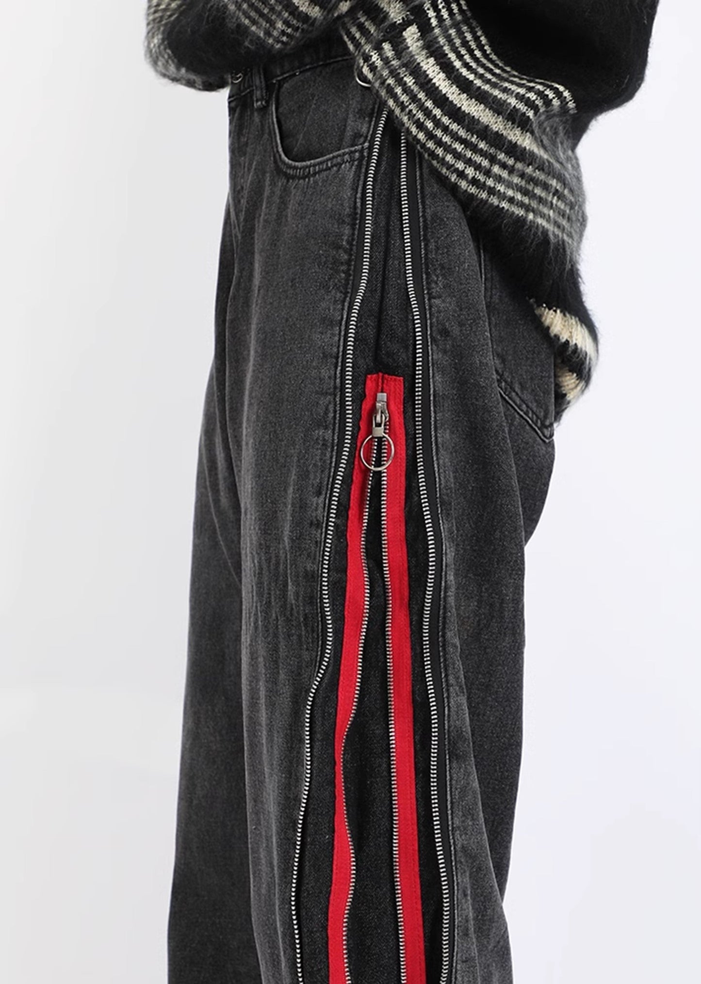 JY Red Vintage Multiple Side Line Design Zipper Denim Jean/Red Vintage Multiple Side Line Design Zipper Jeans