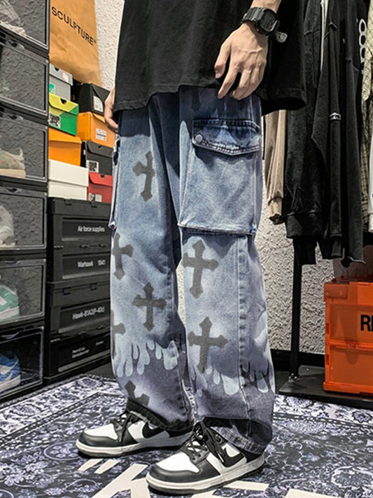 Vintage Men's Washed Cargo Jeans with Cross Print