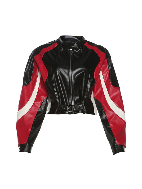 Rote Y2k Motorrad Jacke im Slim Fit mit Rundhalsausschnitt