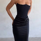 Vintage Satin Bandeau Splice Slim Maxi Dress with Corset Gathering