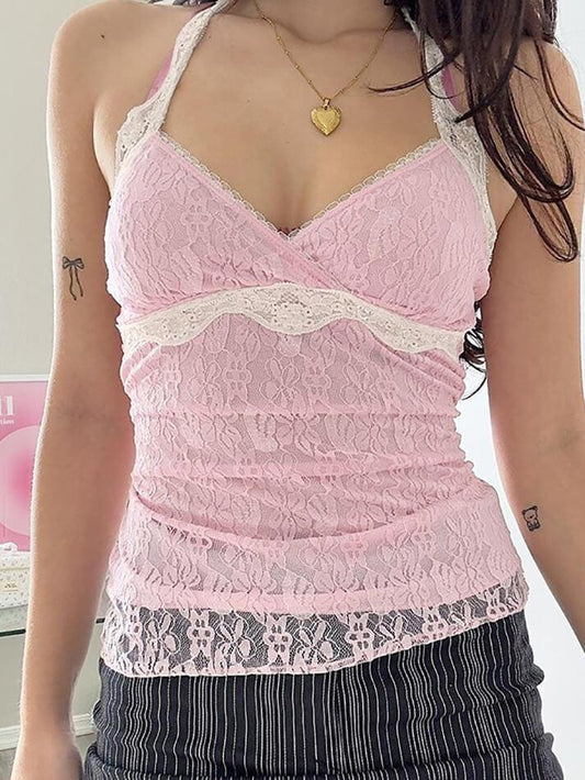 Pink Lace V-Neck Tank Top