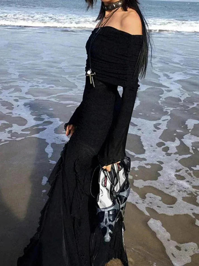 Black Punk Off Shoulder Ruffle Maxi Dress with High Slit