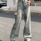 Light Blue Vintage Star Print Frayed Wide Leg Jeans