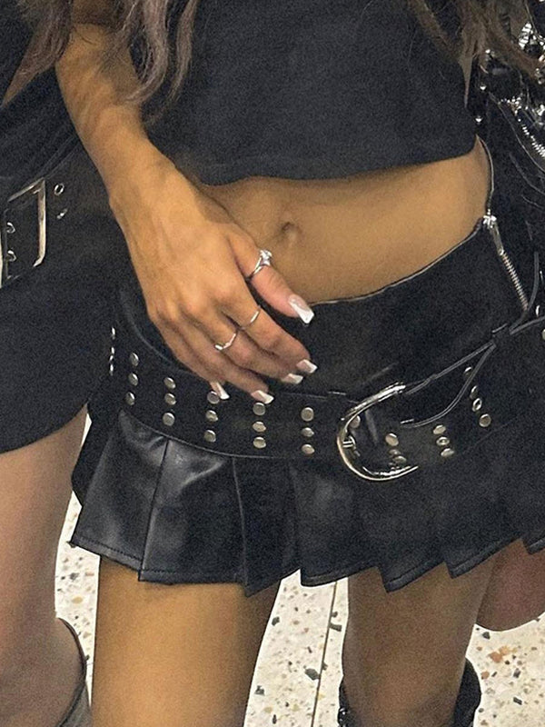 Punk Rivet Belt Pleated Slit Leather Mini Skirt