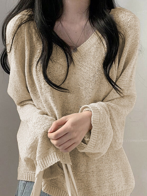 Y2K Apricot Cozy V Neck Baggy Thin Sweater 