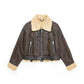 Classic brown leather jacket with lambswool lining and leather splice in short cut 