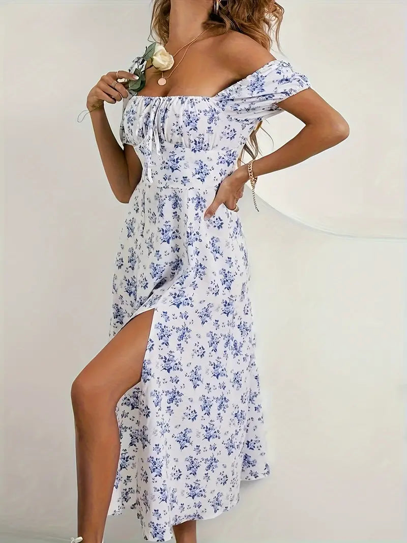 Vintage puff sleeve slit floral dress 