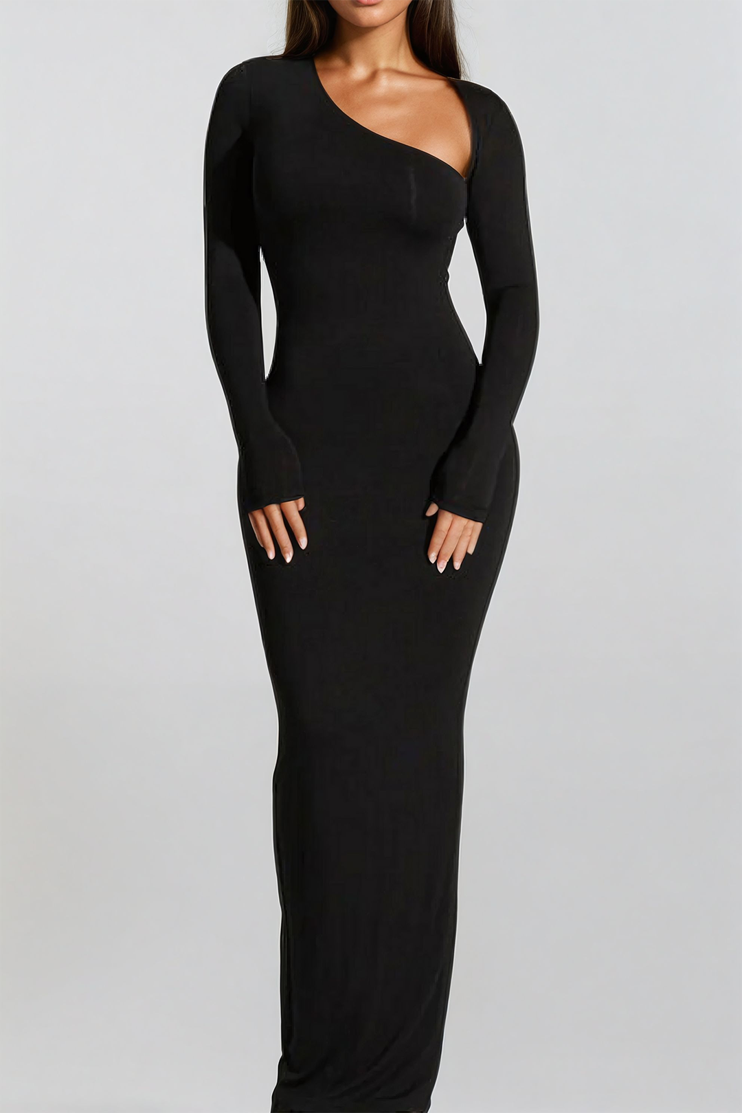 Classic plain maxi dress with asymmetric neckline and slit