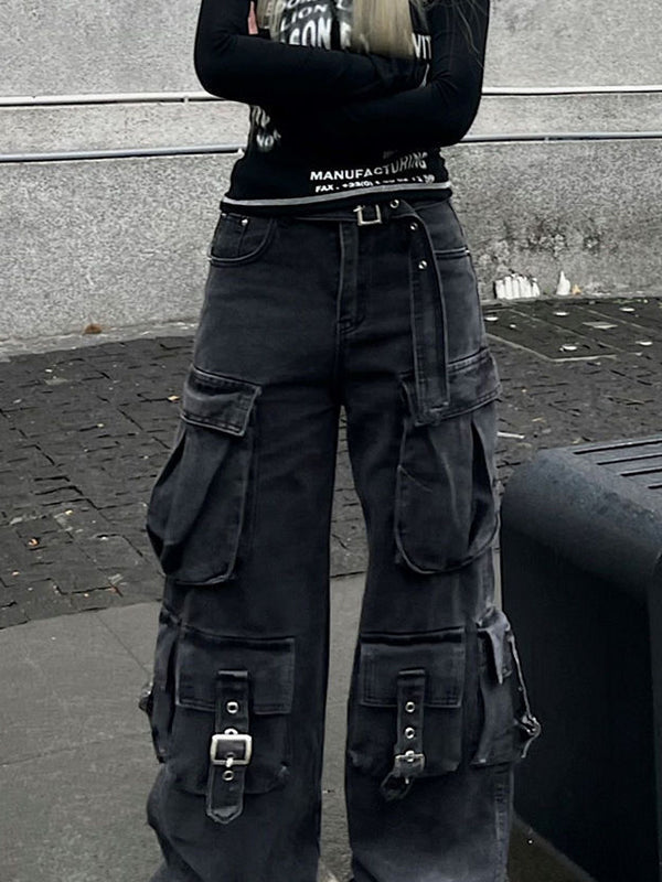 Schwarze Vintage Multi Taschen Cargo Jeans