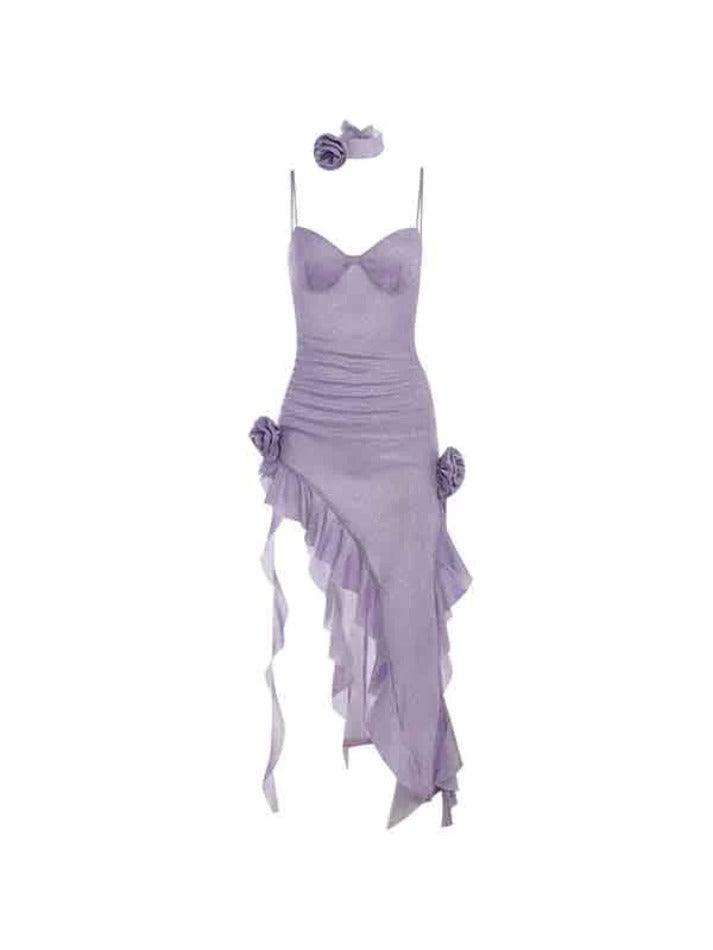 JY Purple Y2K Shiny Ruffle Asymmetric Slit Hem Flower Maxi Dress/Purple Y2K Shiny Ruffle Asymmetric Slit Hem Flower Maxi Dress