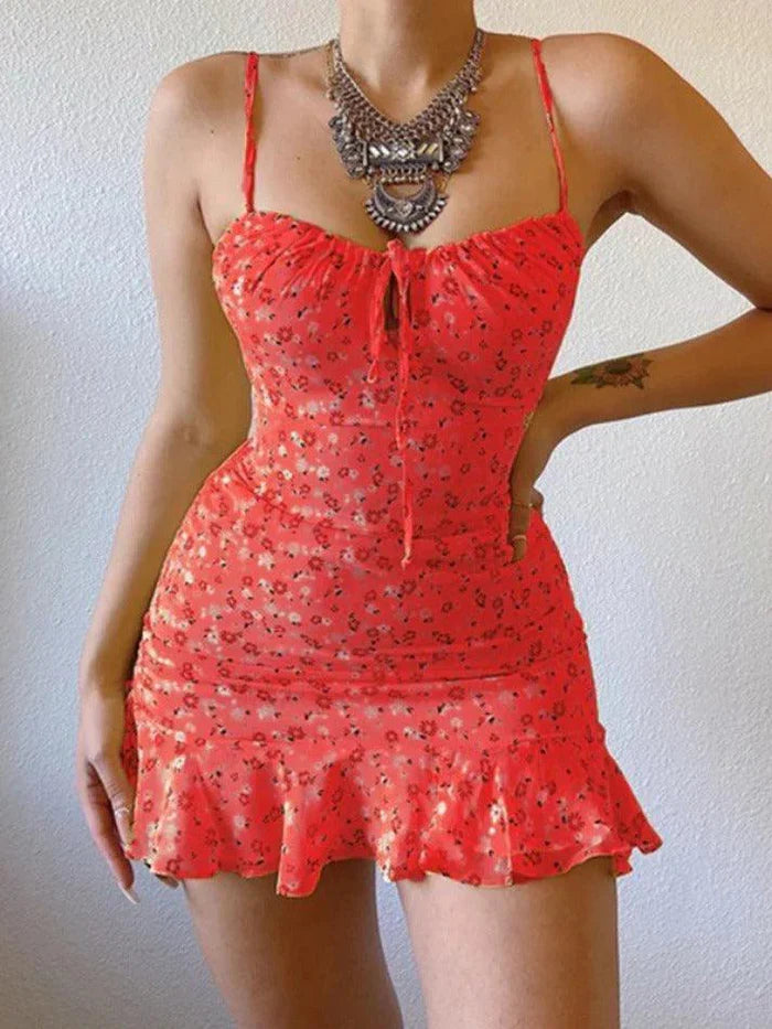 French Floral Strappy Mini Dress with Cutout