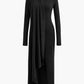 Vintage Mock Neck Wrap Dress with Ruffle Long Sleeves and Slit