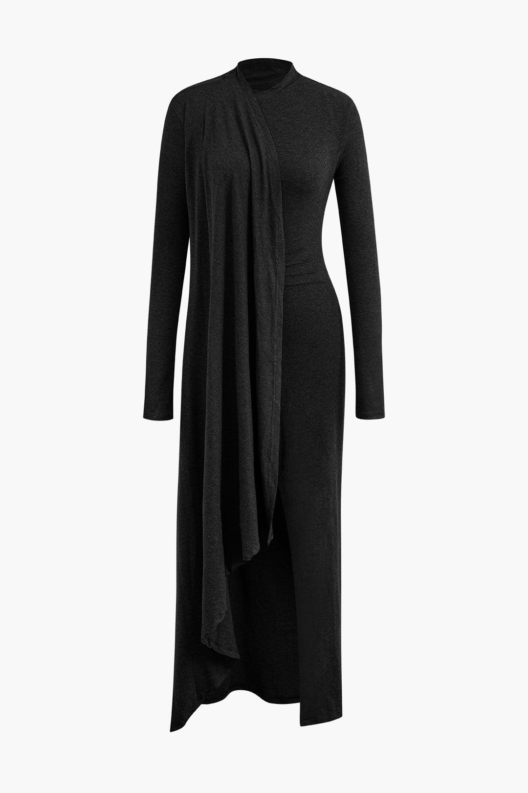 Vintage Mock Neck Wrap Dress with Ruffle Long Sleeves and Slit