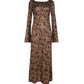 Brown Classic Print Maxi Dress with Trumpet Sleeves