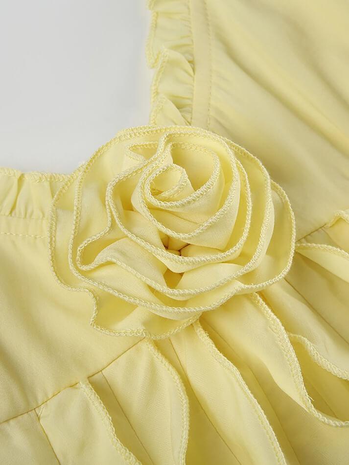 Yellow Vintage V-Neck Ruffle Slit Hem Top