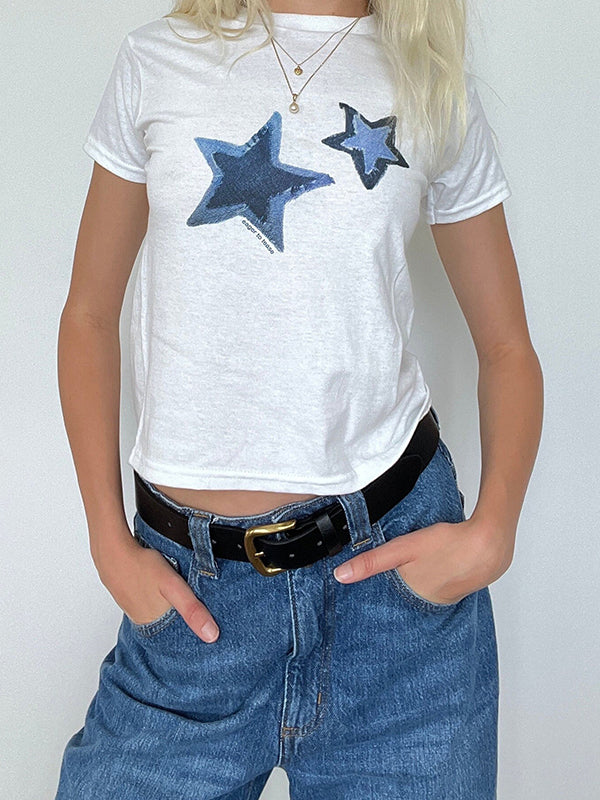 White Y2K star print short sleeve t-shirt