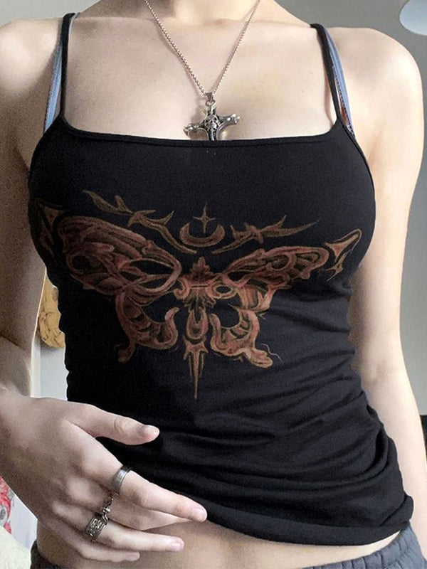 Black Y2K Butterfly Print Slim Fit Cami Top