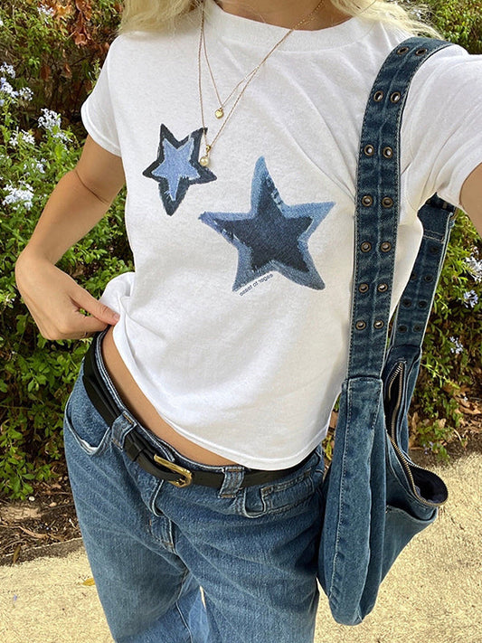 White Y2K star print short sleeve t-shirt