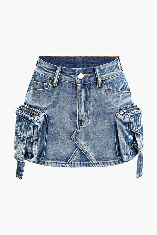 Faded A Line Denim Cargo Mini Skirt