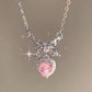 Pink Y2K Glitter Bow Heart Pendant Necklace