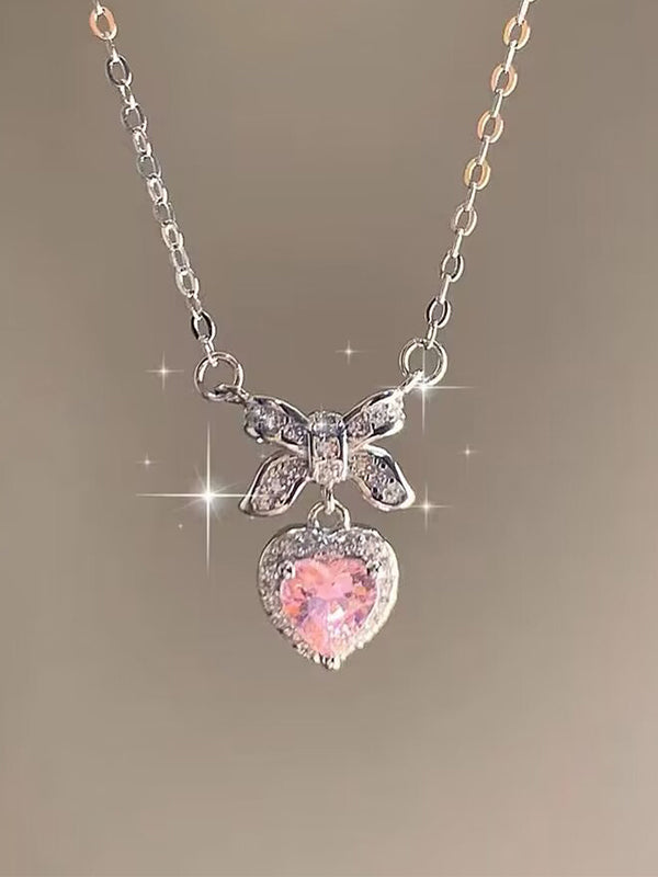 Pink Y2K Glitter Bow Heart Pendant Necklace