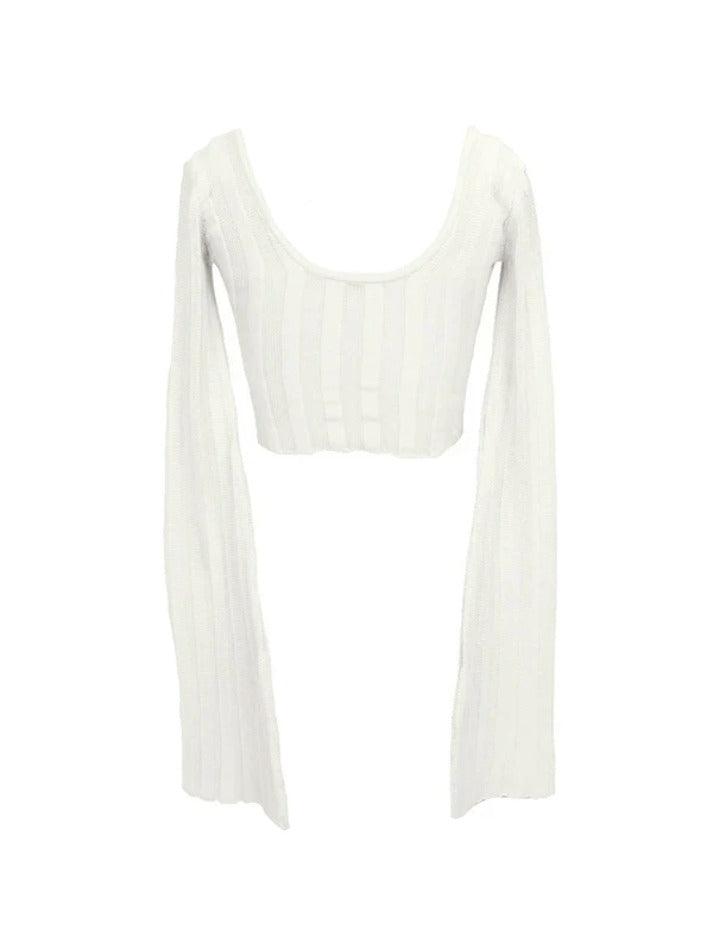 White Vintage Deep Neck Long Sleeve Top