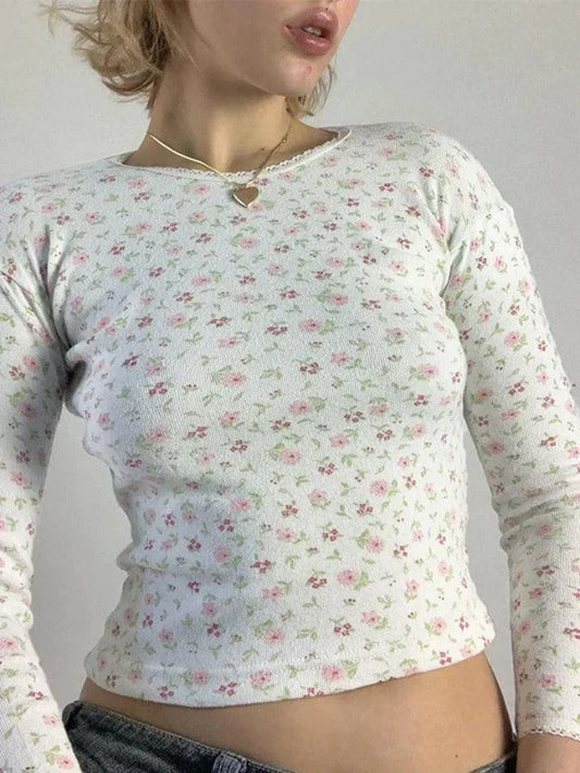 White Vintage Ditsy Floral Print Round Neck Long Sleeve Sweater 