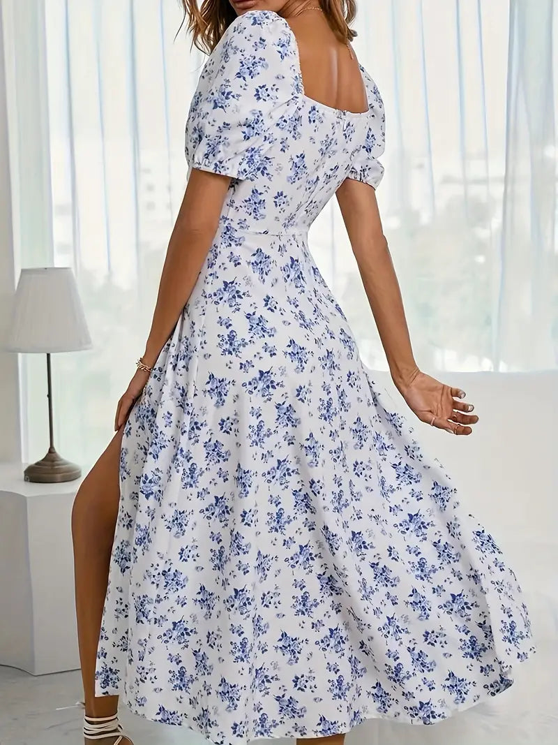 Vintage puff sleeve slit floral dress 