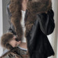 Black American style leather jacket with fur collar and patchwork