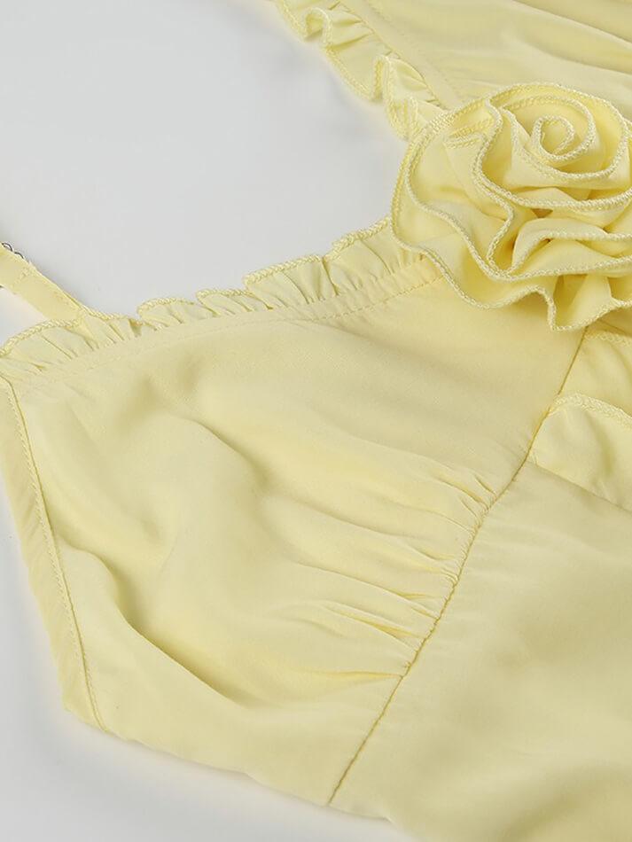 Yellow Vintage V-Neck Ruffle Slit Hem Top