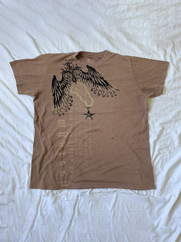 Brown Vintage Oversize Short Sleeve T-Shirt with Print