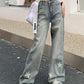 Light Blue Vintage Star Print Frayed Wide Leg Jeans