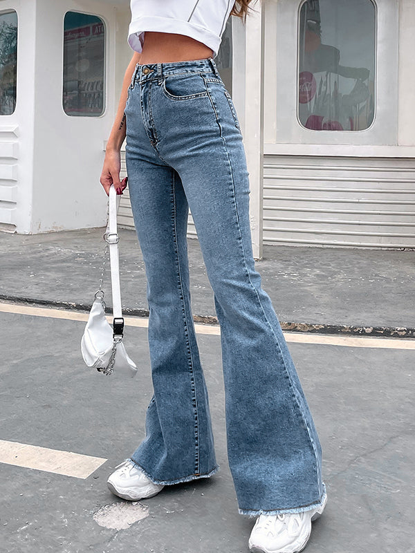 Blue Vintage Washed Stretch High Waist Flared Pants