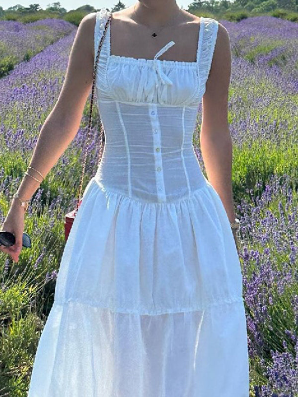 White French pleated slim midi dress with lace lacing