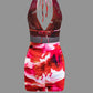 Crimson Vintage Tie Dye Halterneck V-Neck Backless Mini Dress