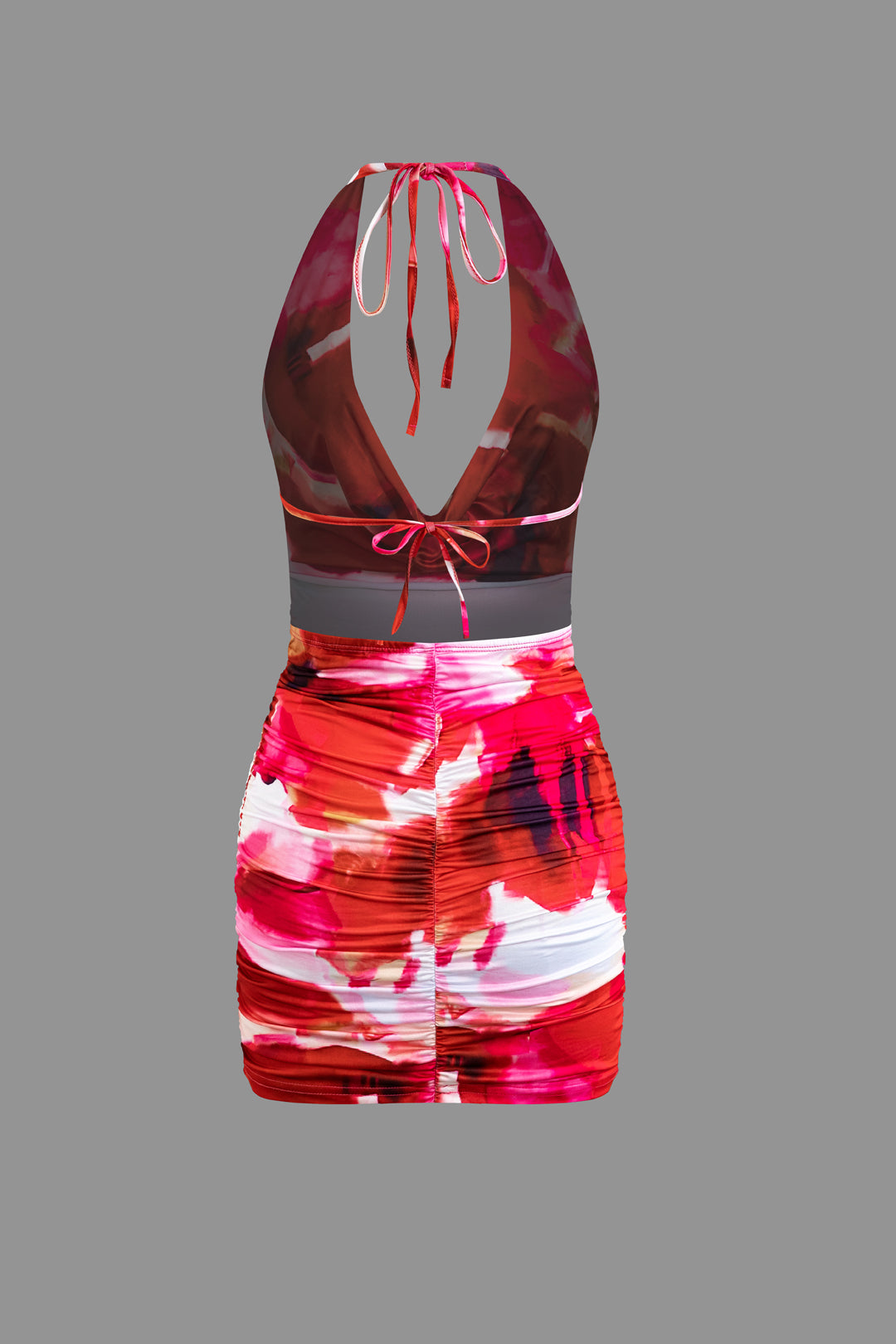 Crimson Vintage Tie Dye Halterneck V-Neck Backless Mini Dress