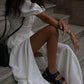 White French Button Front Slit Puff Sleeve Maxi Dress