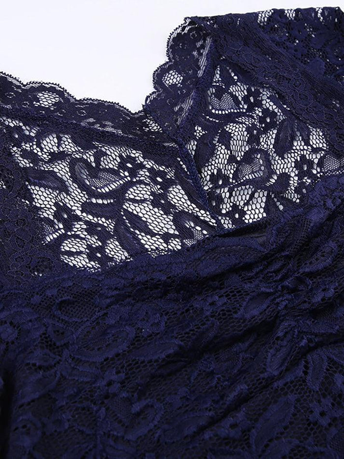 Navy Blue Vintage Lace Slim Short Sleeve Top