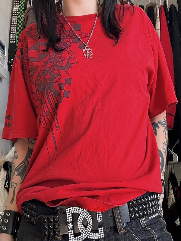 Red Hip Hop Oversized T Shirt with Skull Print and Short Sleeves