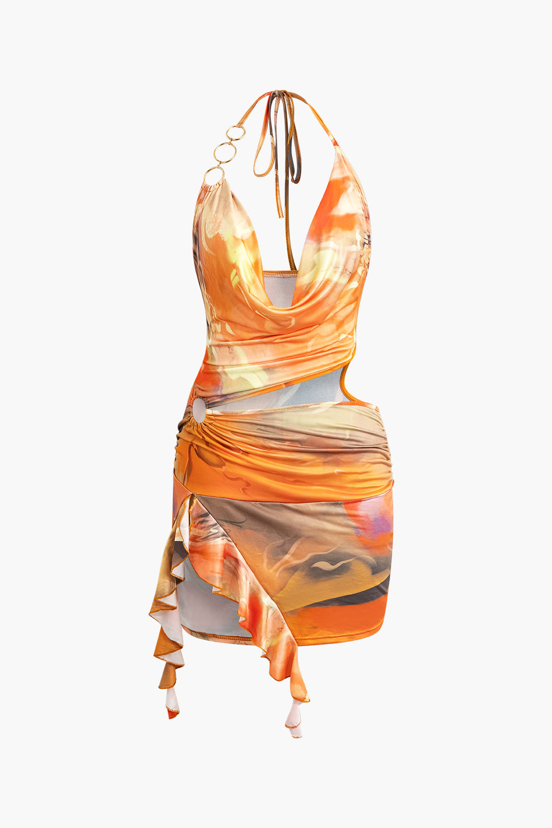 Abstract print halter neck shawl collar mini dress with slit and lacing