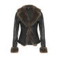 Black American style leather jacket with fur collar and patchwork