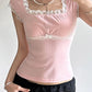 Pink Vintage Lace Trim Bow Square Neck Crop Top