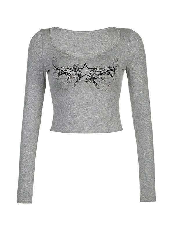 Grey vintage cropped long-sleeved shirt with neckline and star print