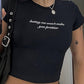 Black Vintage Lace Spliced ​​Short Sleeve Crop Top with Letter Print