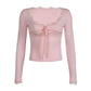 Pink Y2K Lace Up Long Sleeve U Neck Top