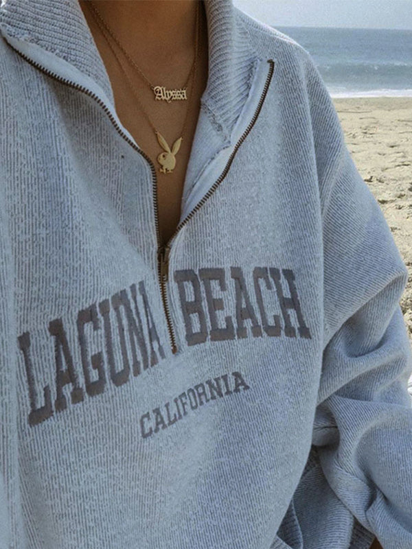 Grey vintage half zip knit sweatshirt with letter embroidery