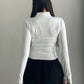 White Retro Zipper Stand Collar Top with Long Sleeves 