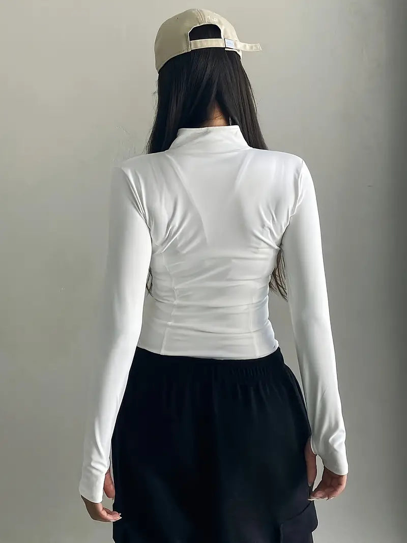 White Retro Zipper Stand Collar Top with Long Sleeves 