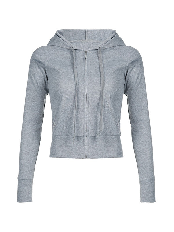 Grey Vintage Ribbed Zipper Drawstring Long Sleeve Hoodie