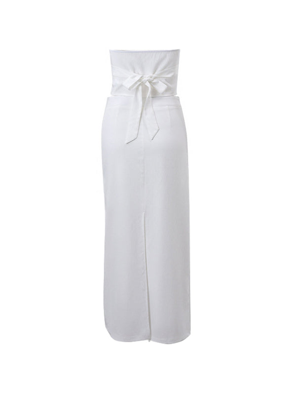 White Vintage V Neck Backless Tie Halter &amp; Split Maxi Skirt Set